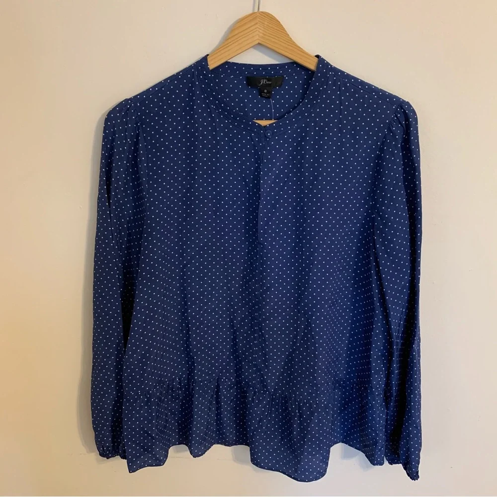 NWT J. Crew 100% Silk Peplum Top in Blue Polka Dot, Size 8